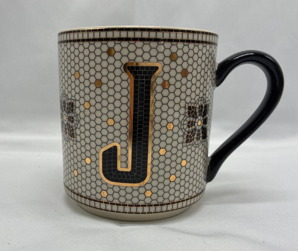 Anthropologie Monogram J Coffee Mug Black Gold Mosaic Art Deco 15 Oz Cup White
